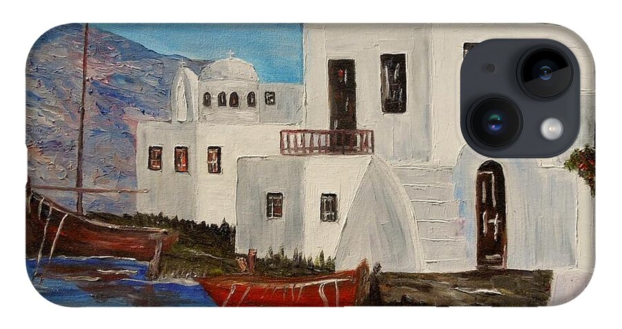 Boat iPhone 14 Case featuring the painting At home in Greece by Marilyn McNish