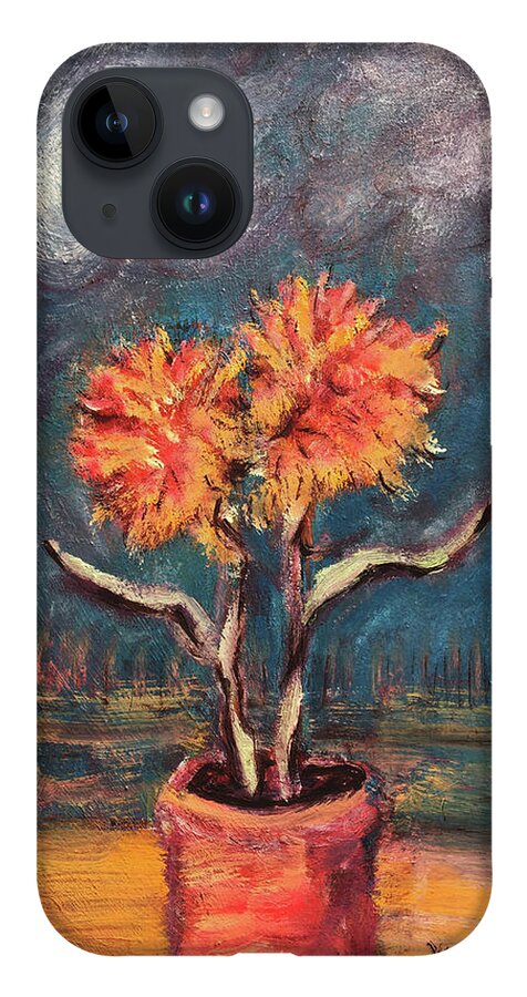 Autumn Feathered Petals Planted Vase Soft Clouds Two Flowers Original Art Oil Painting By Katt Yanda iPhone 14 Case featuring the painting Autumn Feathered Petals by Katt Yanda