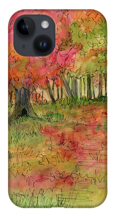 Watercolor iPhone 14 Case featuring the drawing Autumn Forest Watercolor Illustration by Laurie Rohner