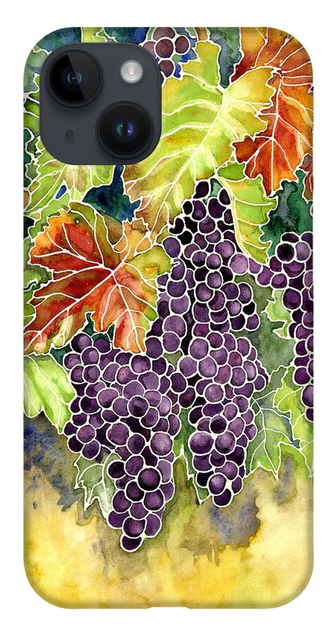 Cabernet Sauvignon Grapes iPhone 14 Case featuring the painting Autumn Vineyard in its Glory - Batik Style by Audrey Jeanne Roberts