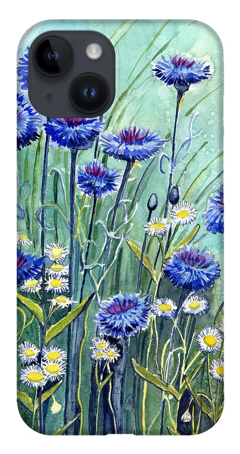 Bachelor Buttons iPhone 14 Case featuring the painting Bachelor Button and Flea Bane by Katherine Miller
