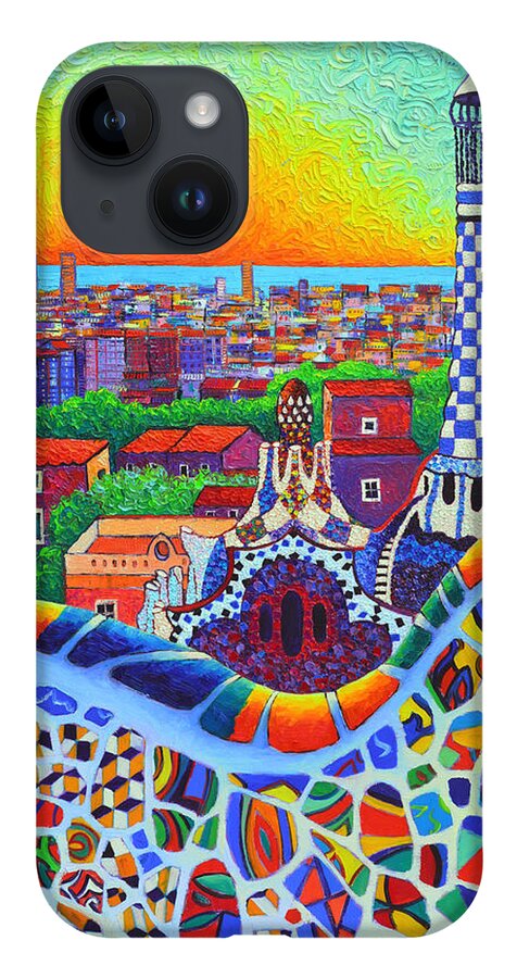 Barcelona iPhone 14 Case featuring the painting Barcelona Park Guell Sunrise Gaudi Tower Textural Impasto Knife Oil Painting By Ana Maria Edulescu by Ana Maria Edulescu