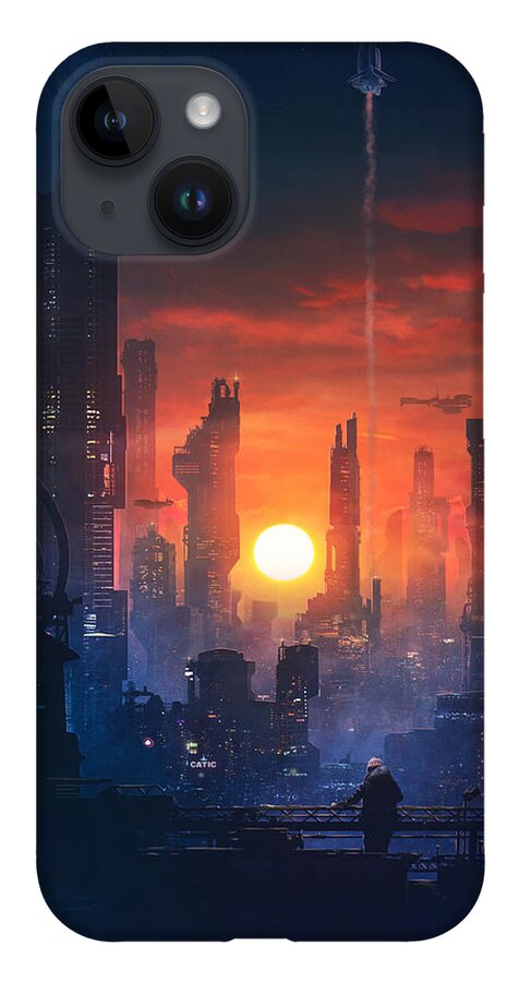 Scifi iPhone 14 Case featuring the painting Barcelona Smoke and Neons The End by Guillem H Pongiluppi