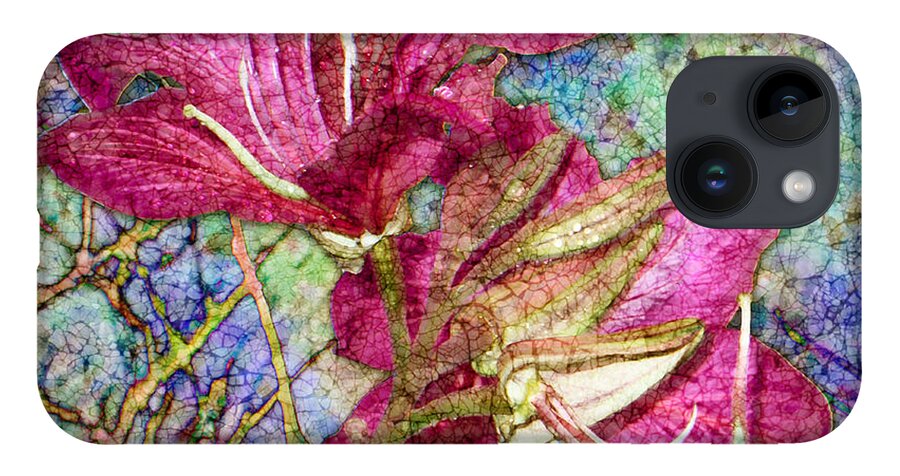 Batik iPhone 14 Case featuring the digital art Batik Lilies by Barbara Berney