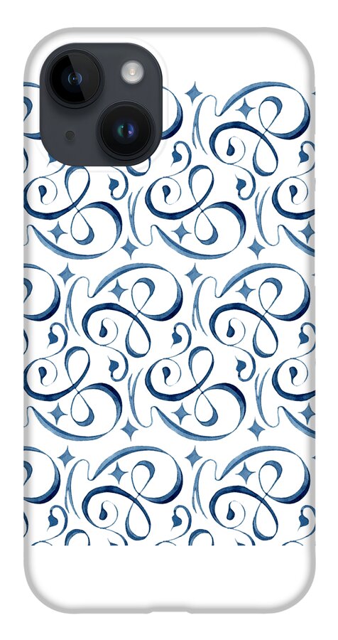 Indigo Blue iPhone 14 Case featuring the painting Beach House Indigo Star Swirl Scroll Pattern by Audrey Jeanne Roberts