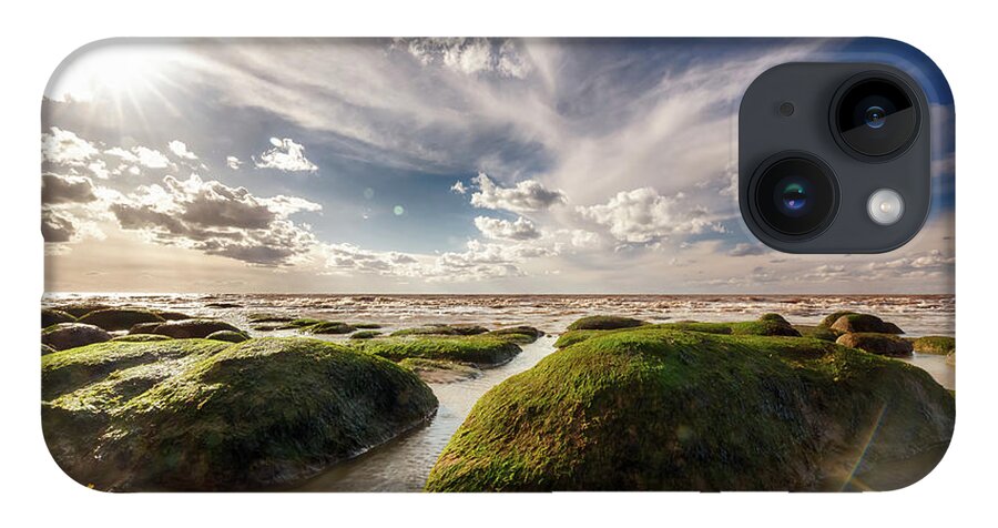 Sand iPhone 14 Case featuring the photograph Beautiful seaweed rock outcrops on Norfolk coast by Simon Bratt