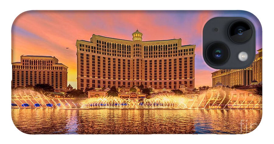 Bellagio iPhone 14 Case featuring the photograph Bellagio Fountains Warm Sunset 2 to 1 Ratio by Aloha Art