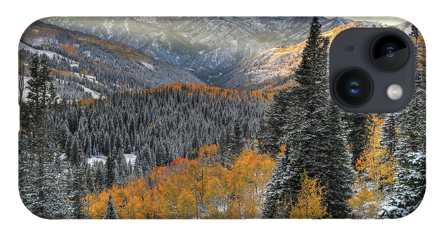 Utah iPhone 14 Case featuring the photograph Big Cottonwood Canyon Early Snow and Fall Color by Brett Pelletier