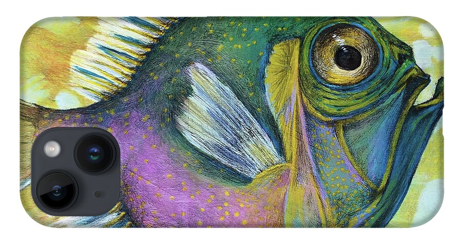 Big Eye Fish iPhone 14 Case featuring the mixed media Big Yellow Eye by AnneMarie Welsh