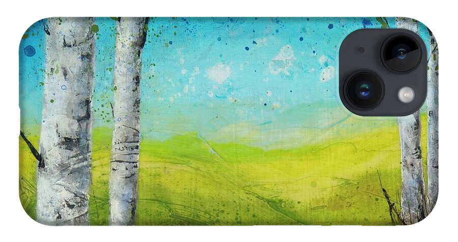 Acrylic iPhone 14 Case featuring the painting Birches In Green by Brenda O'Quin