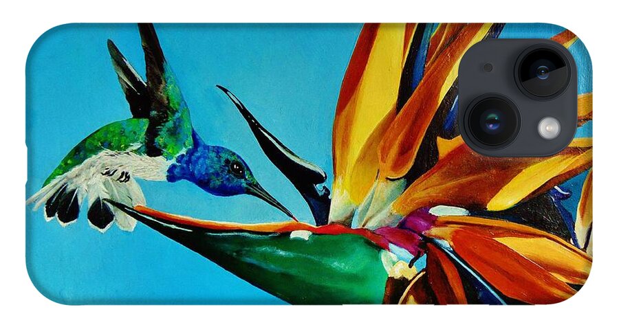 Birds iPhone 14 Case featuring the painting Birds of Paradise with White necked Jacobin hummingbird by Dana Newman