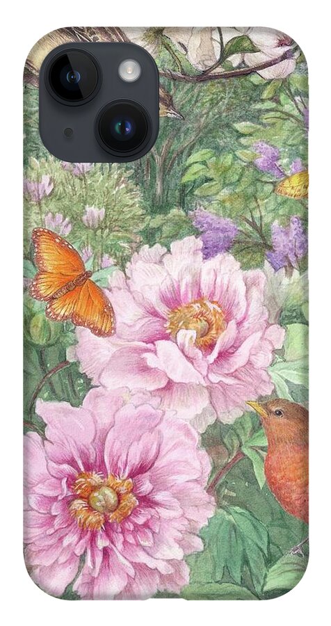 Illustrated Peony iPhone 14 Case featuring the painting Birds Peony Garden Illustration by Judith Cheng