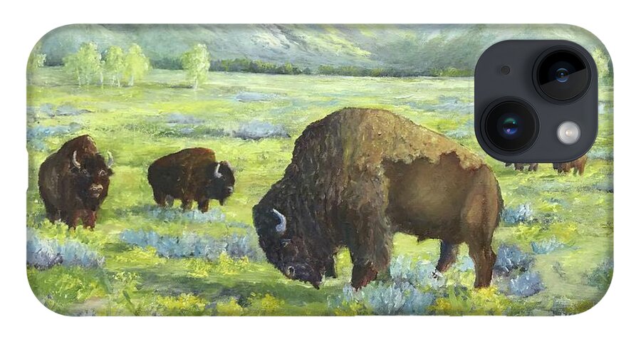 Tetons iPhone 14 Case featuring the painting Bison of Yellowstone by ML McCormick