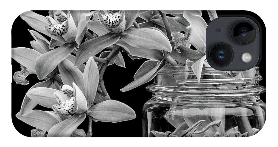 Orchid iPhone Case featuring the photograph Black and White Orchid Antique Mason Jar by Kathy Anselmo