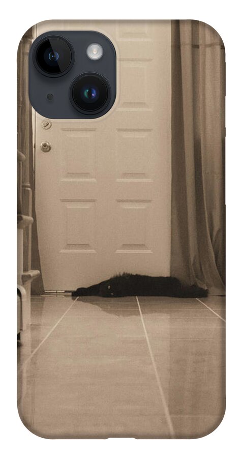 Sepia Photography iPhone 14 Case featuring the photograph Black Cat in Hall by Geoff Jewett