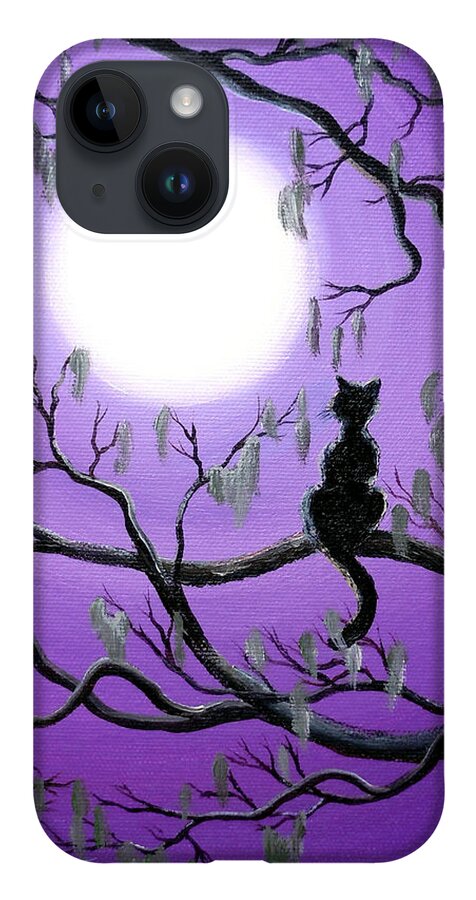 Painting iPhone 14 Case featuring the painting Black Cat in Mossy Tree by Laura Iverson