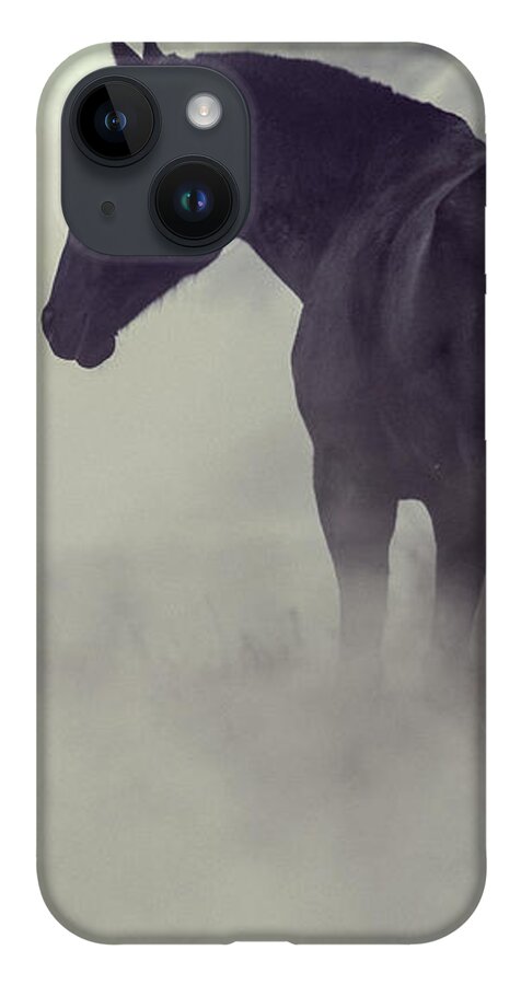 Horse iPhone 14 Case featuring the photograph Black horse in the dark mist by Dimitar Hristov