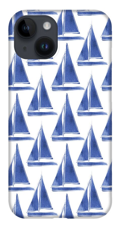 Boats iPhone 14 Case featuring the digital art Blue and White Sailboats Pattern- Art by Linda Woods by Linda Woods