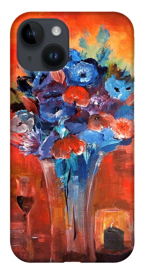 Blue iPhone 14 Case featuring the painting Blue In The Warmth Of Candlelight by Lisa Kaiser