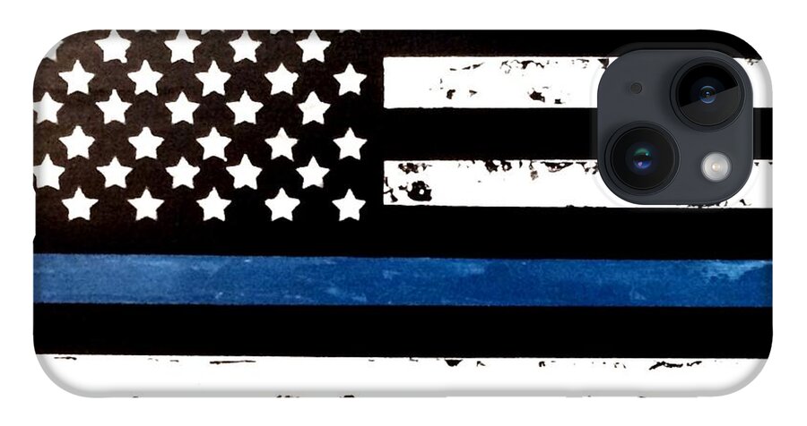 Police iPhone 14 Case featuring the painting Blue Line Flag by Denise Tomasura