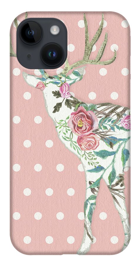 Boho iPhone 14 Case featuring the painting BOHO Deer Silhouette Rose Floral Polka Dot by Audrey Jeanne Roberts