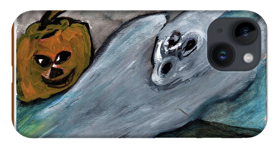 Scared Ghost And Pumpkin Boo iPhone 14 Case featuring the painting Boo Scared Ghost and Pumpkin by Katt Yanda