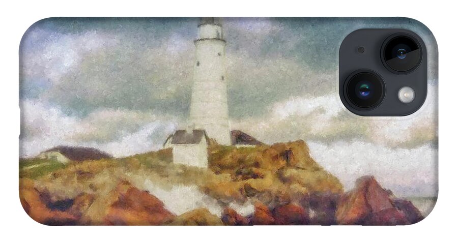 Boston Light iPhone 14 Case featuring the painting Boston Light on a Stormy Day by Bill McEntee