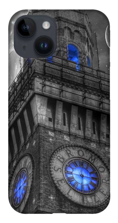 Bromo Seltzer Tower Clock Face iPhone 14 Case featuring the photograph Bromo Seltzer Tower Baltimore - Blue by Marianna Mills