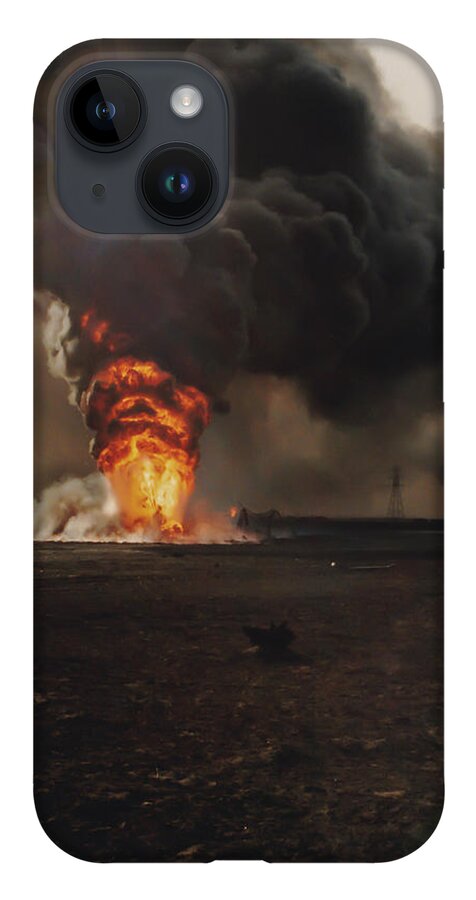 Aftermath iPhone 14 Case featuring the photograph Burning oil well fires in field with oil slick, Kuwait by Karen Foley