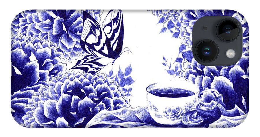 Butterfly iPhone 14 Case featuring the drawing Butterfly Teatime by Alice Chen