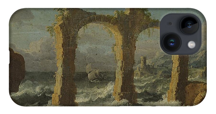 Leonardo Coccorante Napoli 1680 � 1750 iPhone 14 Case featuring the painting Capriccio with a storm on the sea by MotionAge Designs