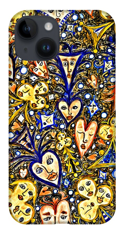 Lise Winne iPhone 14 Case featuring the digital art Card Game Symbols Blue and Yellow by Lise Winne