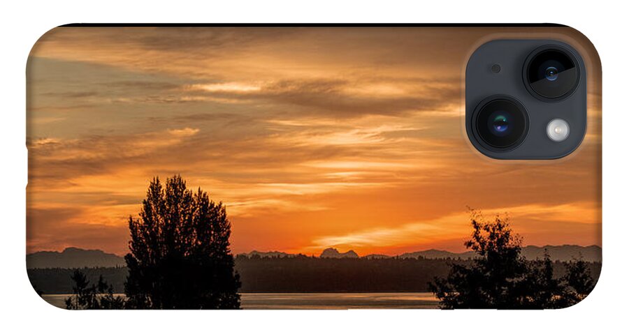 Sunrise; Dawn; Orange Sky; Orange Sunrise; Cascade Mountains In Silhouette; Trees In Silhouette; Silhouettes; Puget Sound; West Seattle; Clouds; Panorama; Twilight; Cascade Mountains - Sunrise Panorama; E Faithe Lester iPhone 14 Case featuring the photograph Cascade Mountains - Sunrise Panorama by E Faithe Lester