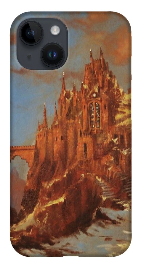 Fantasy iPhone 14 Case featuring the painting Castle of the Mountain King by Tom Shropshire
