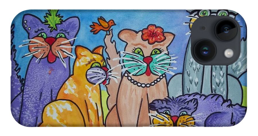 Cats iPhone 14 Case featuring the painting Cat Family Gathering by Ellen Levinson