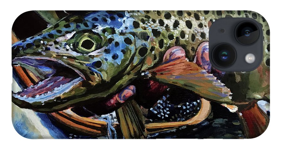 Brown Trout iPhone 14 Case featuring the painting Catch of the Day by Les Herman