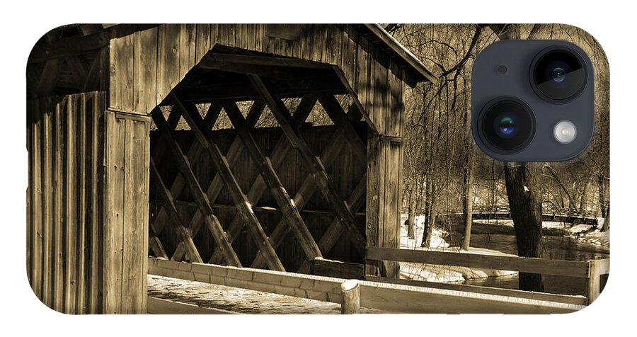 Covered Bridge iPhone 14 Case featuring the photograph Cedarburg Covered Bridge in Winter Sepia by David T Wilkinson