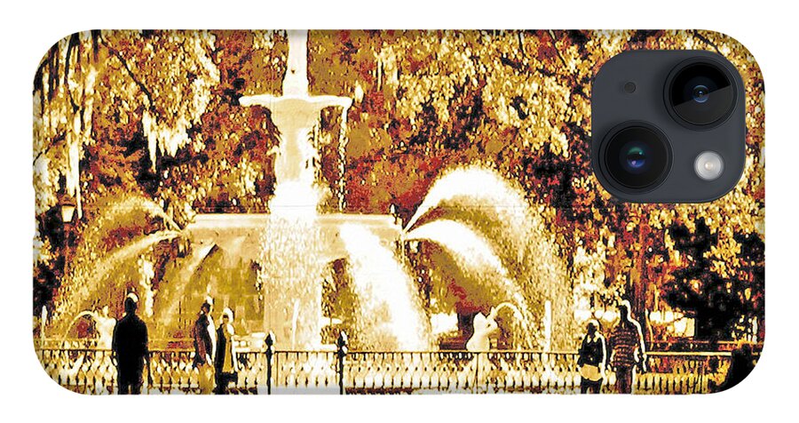 Savannah Historic District iPhone 14 Case featuring the digital art Champagne Twilight Forsyth Park Fountain in Savannah Georgia USA by Aberjhani