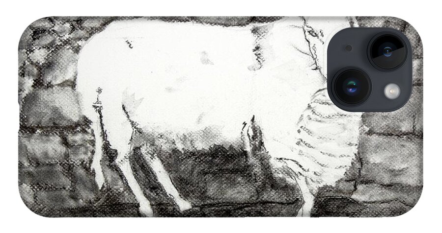  iPhone 14 Case featuring the painting Charcoal Sheep by Kathleen Barnes