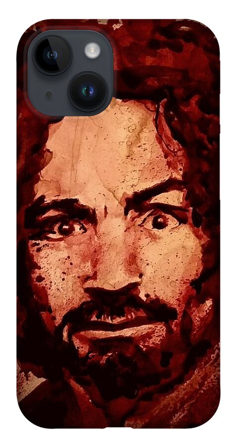 Ryan Almighty iPhone 14 Case featuring the painting CHARLES MANSON portrait fresh blood by Ryan Almighty