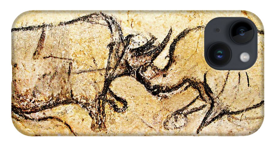Chauvet iPhone 14 Case featuring the painting Chauvet Rhinoceros in Combat by Weston Westmoreland