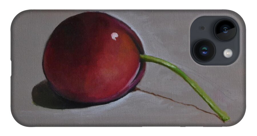 A Painting Of A Red Cherry. The Cherry Is Sitting On A Gray Background With A Shadow. iPhone 14 Case featuring the painting Cherry by Martin Schmidt