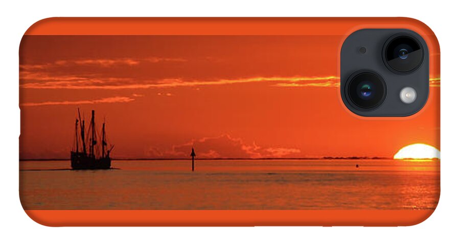 20120107 iPhone 14 Case featuring the photograph Christopher Columbus Sailing Ship Nina Sails off into the Sunset Panoramic by Jeff at JSJ Photography