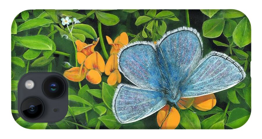 Common Blue iPhone 14 Case featuring the painting Common Blue on Bird's-foot Trefoil by John Neeve