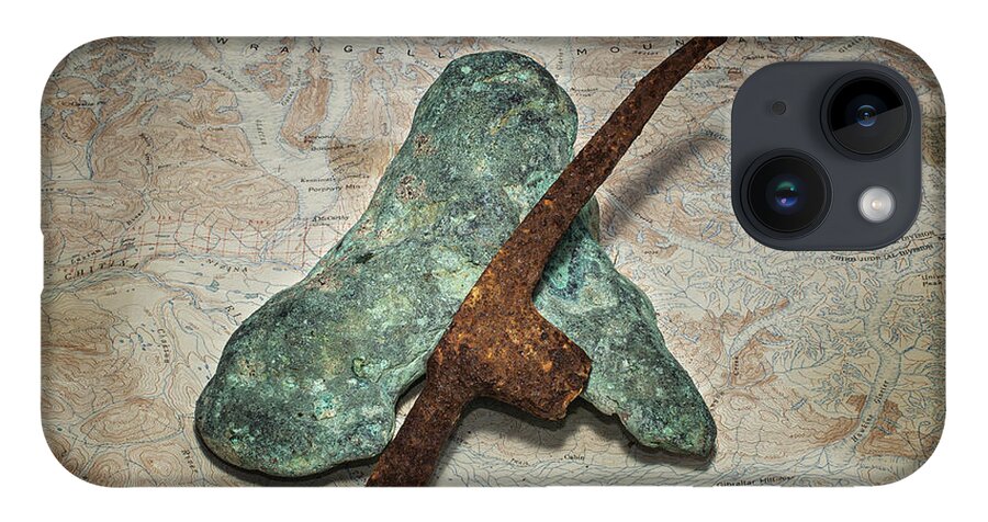 Copper Nugget iPhone 14 Case featuring the photograph Copper Nugget Rock Hammer and Map by Fred Denner