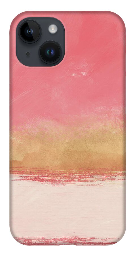 Abstract iPhone 14 Case featuring the mixed media Coral and Gold Abstract 1- Art by Linda Woods by Linda Woods