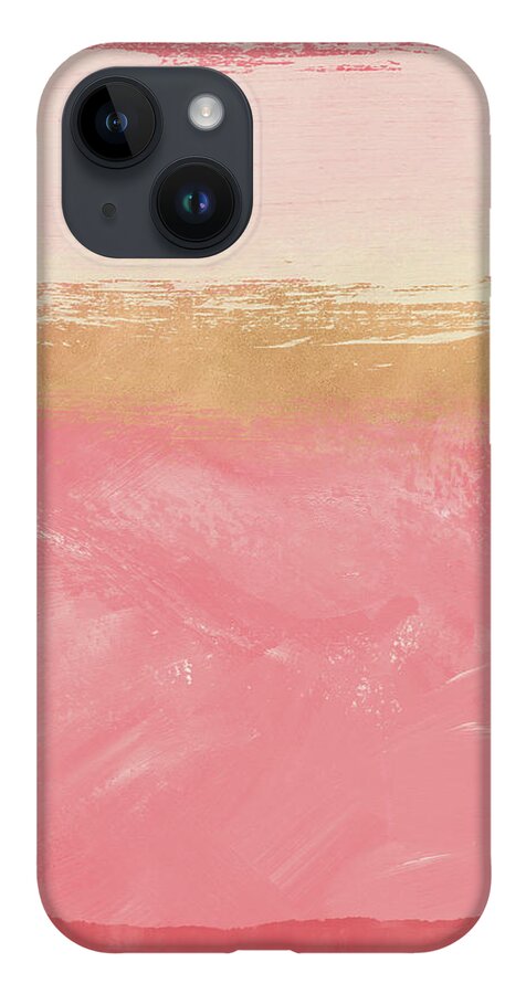 Abstract iPhone 14 Case featuring the mixed media Coral and Gold Abstract 2- Art by Linda Woods by Linda Woods