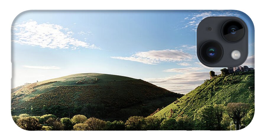 Corfe Castle iPhone 14 Case featuring the photograph Corfe Castle morning panoramic by Simon Bratt