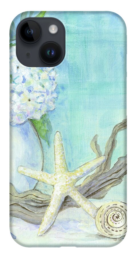 White Hydrangeas iPhone 14 Case featuring the painting Cottage at the Shore 1 White Hydrangea Bouquet w Driftwood Starfish Sea Glass and Seashell by Audrey Jeanne Roberts
