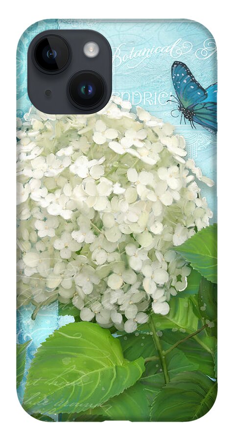 White Hydrangea iPhone 14 Case featuring the painting Cottage Garden White Hydrangea with Blue Butterfly by Audrey Jeanne Roberts
